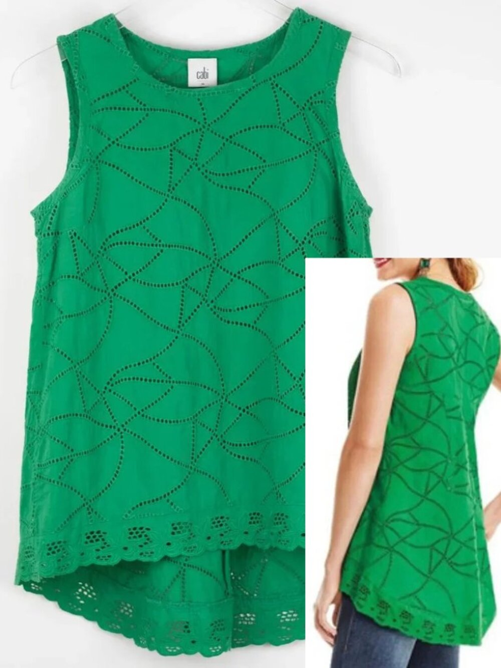 Cabi 5036 Gemma Tank Top Cotton Sleeveless Eyelet Blouse Green Size XS